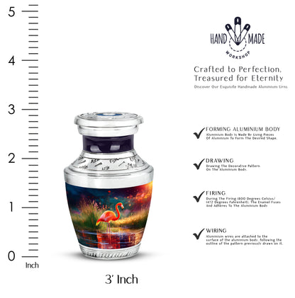 Grape Purple Flamingo Cremation Urn top-down view of secure threaded lid - artistic flamingo interpretation with creative detail - mini keepsake memorial for portion of cremation ashes