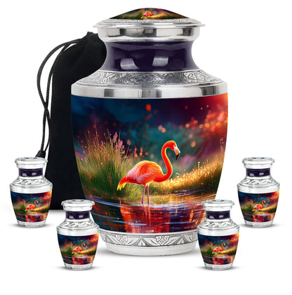 Plum Purple Flamingo Cremation Urn lifestyle display on memorial shelf - modern art-inspired flamingo motif on sleek aluminum - memorial set with one large and four small urns