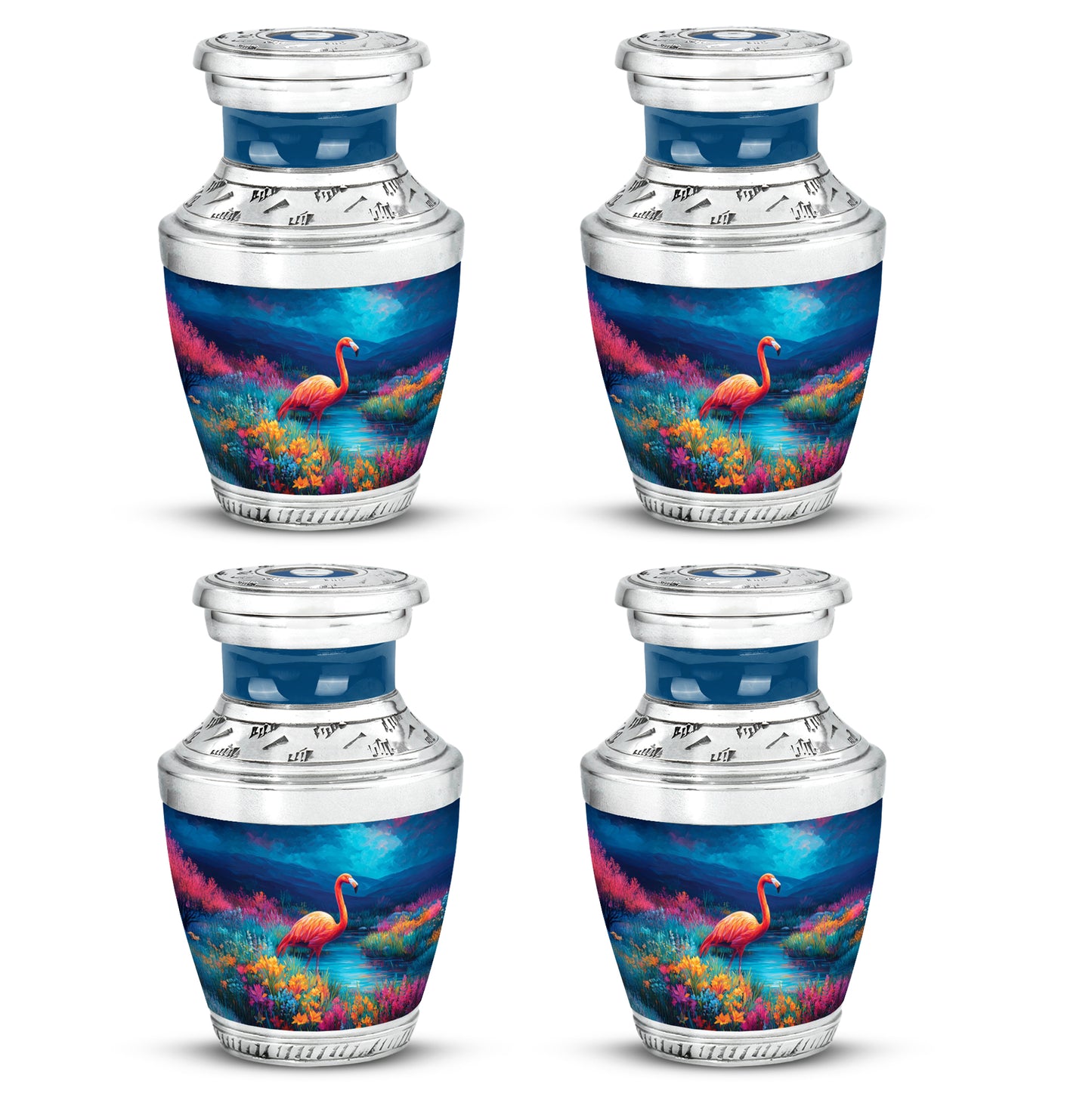 Twilight Blue Flamingo Cremation Urn back view with polished surface - stylized abstract flamingo pattern with bold lines - 10 inch aluminum urn for cremated remains