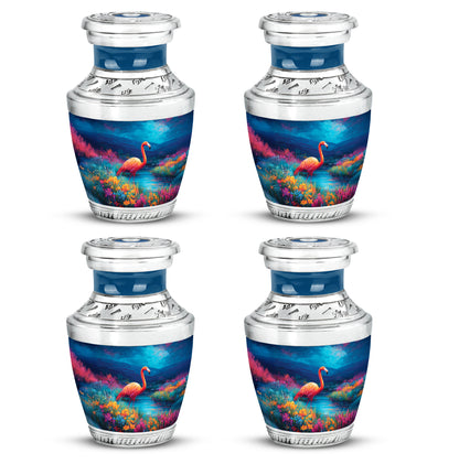 Twilight Blue Flamingo Cremation Urn back view with polished surface - stylized abstract flamingo pattern with bold lines - 10 inch aluminum urn for cremated remains