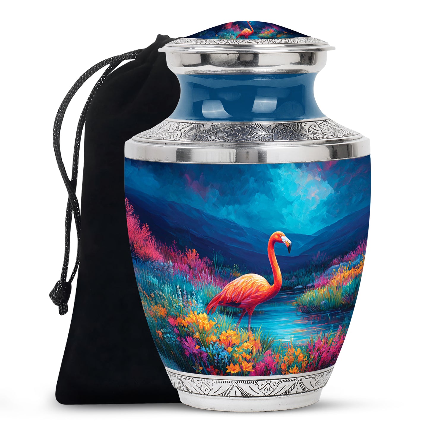 Serene Blue Flamingo Cremation Urn side profile showing urn shape - stylized abstract flamingo pattern with bold lines - full-size 10 inch 200 cubic inch adult cremation urn