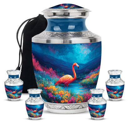 Soft Blue Flamingo Cremation Urn lifestyle display on memorial shelf - stylized abstract flamingo pattern with bold lines - memorial set with one large and four small urns