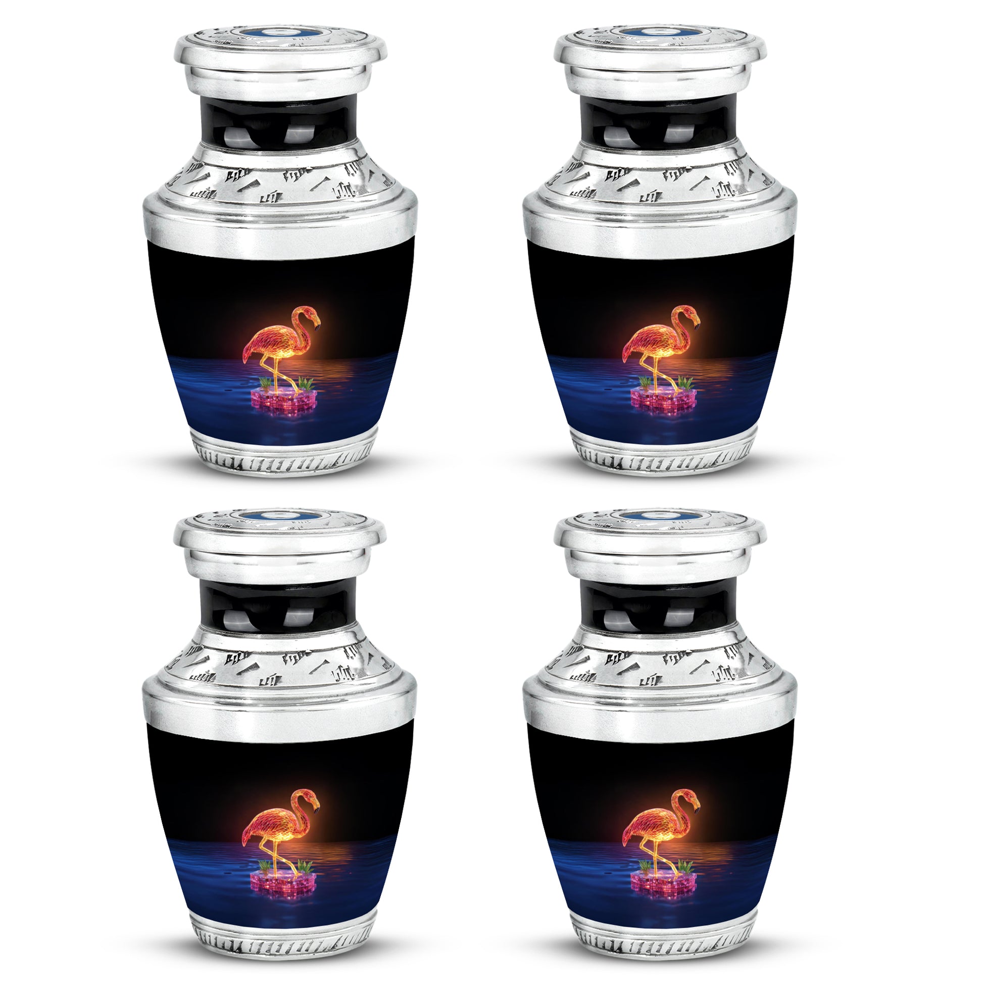 Deep Black Flamingo Cremation Urn back view with polished surface - modern art-inspired flamingo motif on sleek aluminum - 10 inch aluminum urn for cremated remains