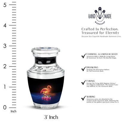 Obsidian Black Flamingo Cremation Urn top-down view of secure threaded lid - artistic flamingo interpretation with creative detail - mini keepsake memorial for portion of cremation ashes