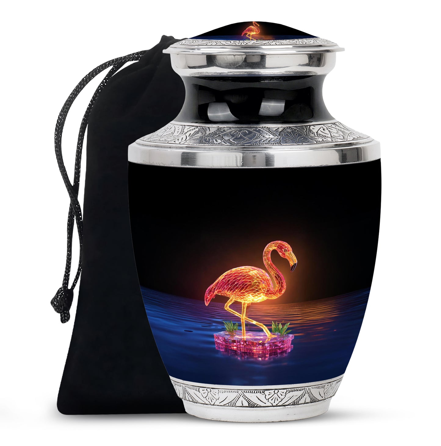 Dark Black Flamingo Cremation Urn side profile showing urn shape - stylized abstract flamingo pattern with bold lines - full-size 10 inch 200 cubic inch adult cremation urn