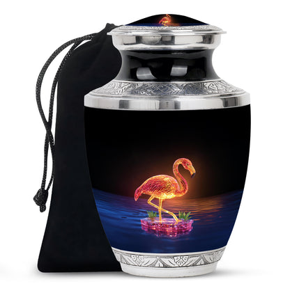 Dark Black Flamingo Cremation Urn side profile showing urn shape - stylized abstract flamingo pattern with bold lines - full-size 10 inch 200 cubic inch adult cremation urn