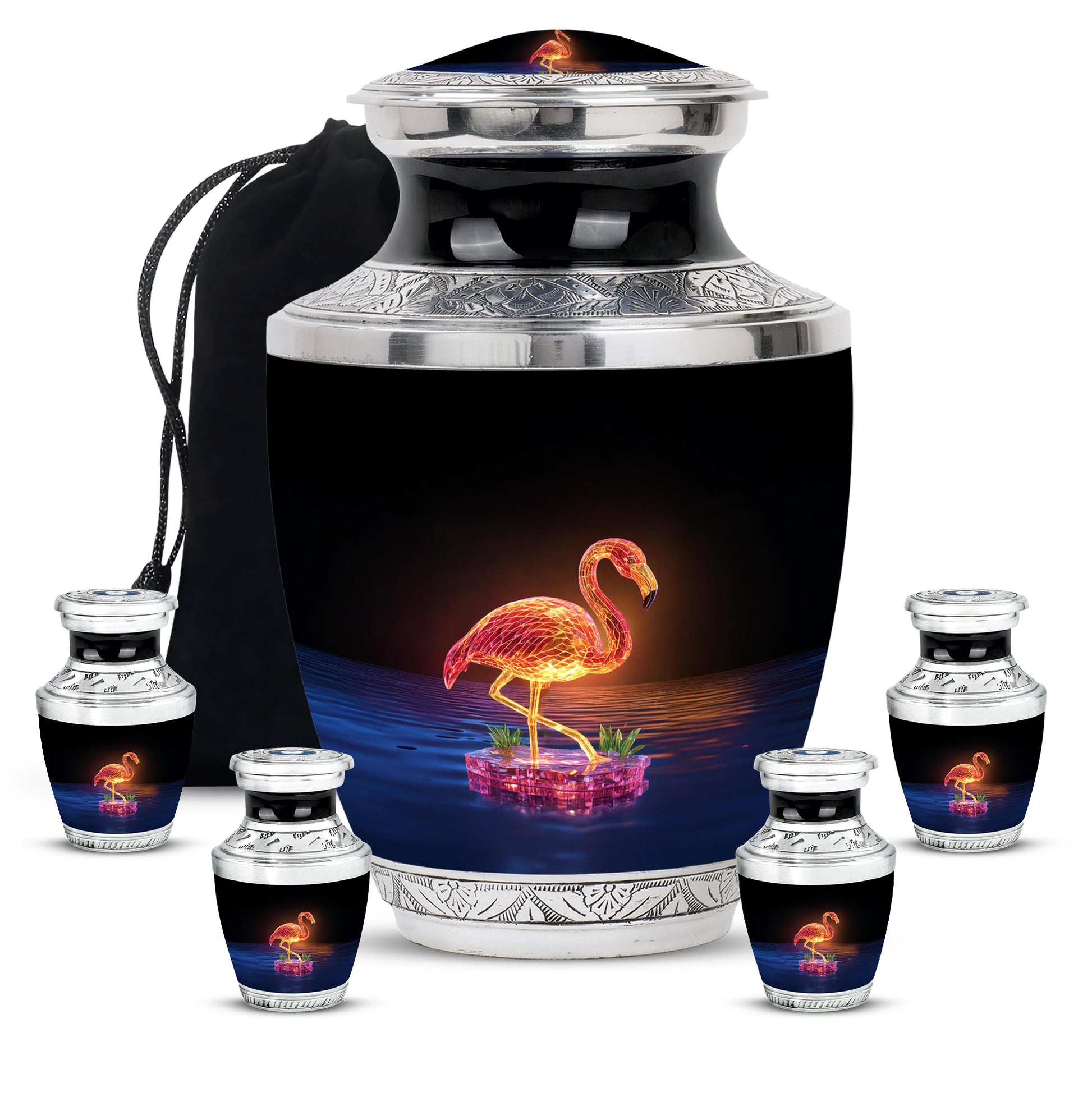 Onyx Black Flamingo Cremation Urn lifestyle display on memorial shelf - artistic flamingo interpretation with creative detail - memorial set with one large and four small urns