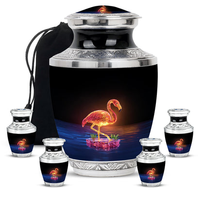 Onyx Black Flamingo Cremation Urn lifestyle display on memorial shelf - artistic flamingo interpretation with creative detail - memorial set with one large and four small urns
