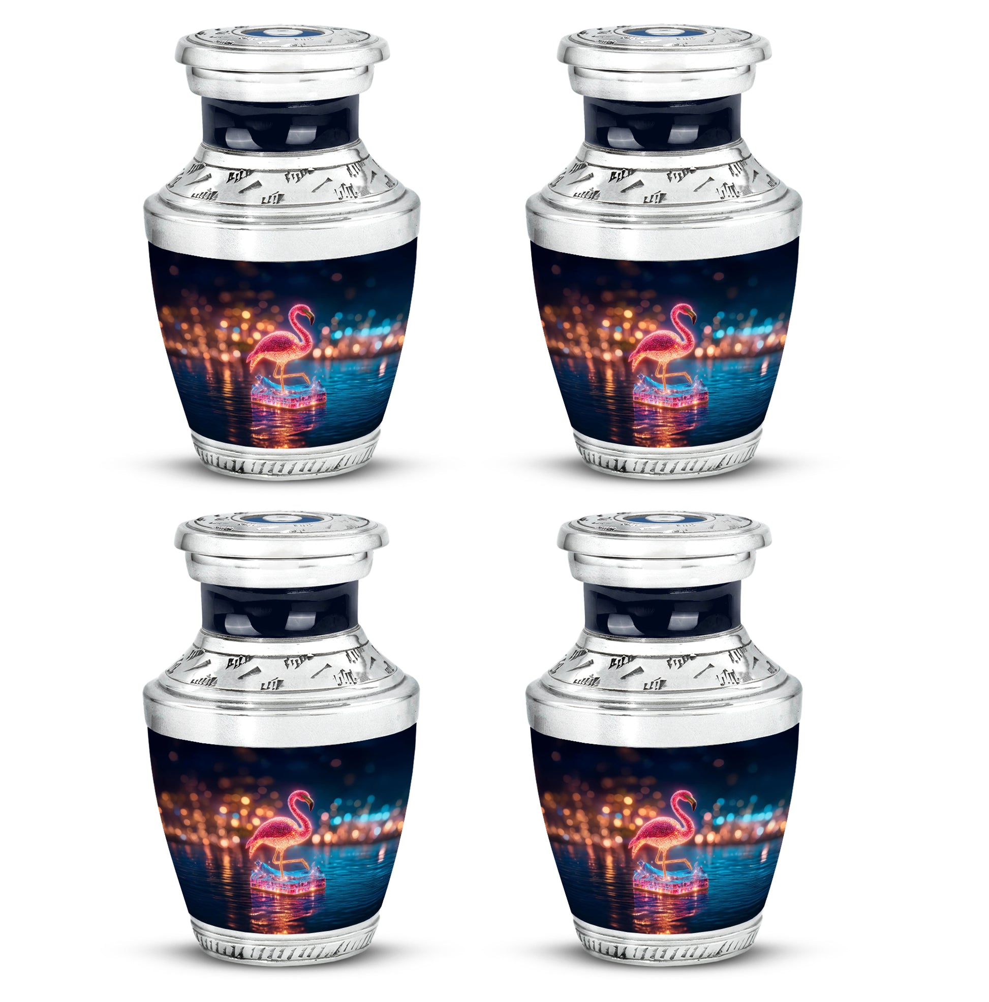 Dusty Blue Flamingo Cremation Urn back view with polished surface - contemporary flamingo design with modern artistic flair - 10 inch aluminum urn for cremated remains