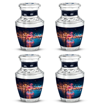 Dusty Blue Flamingo Cremation Urn back view with polished surface - contemporary flamingo design with modern artistic flair - 10 inch aluminum urn for cremated remains