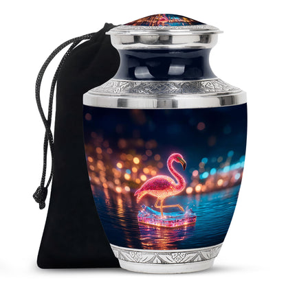 Powder Blue Flamingo Cremation Urn side profile showing urn shape - modern art-inspired flamingo motif on sleek aluminum - full-size 10 inch 200 cubic inch adult cremation urn