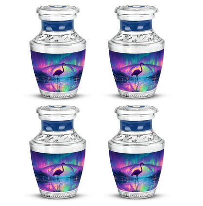 Dusty Blue Flamingo Cremation Urn back view with polished surface - contemporary flamingo design with modern artistic flair - 10 inch aluminum urn for cremated remains