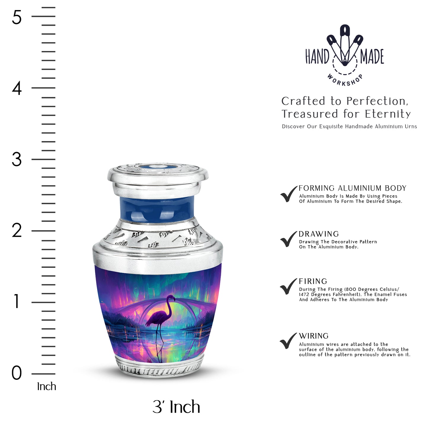 Royal Blue Flamingo Cremation Urn top-down view of secure threaded lid - stylized abstract flamingo pattern with bold lines - mini keepsake memorial for portion of cremation ashes