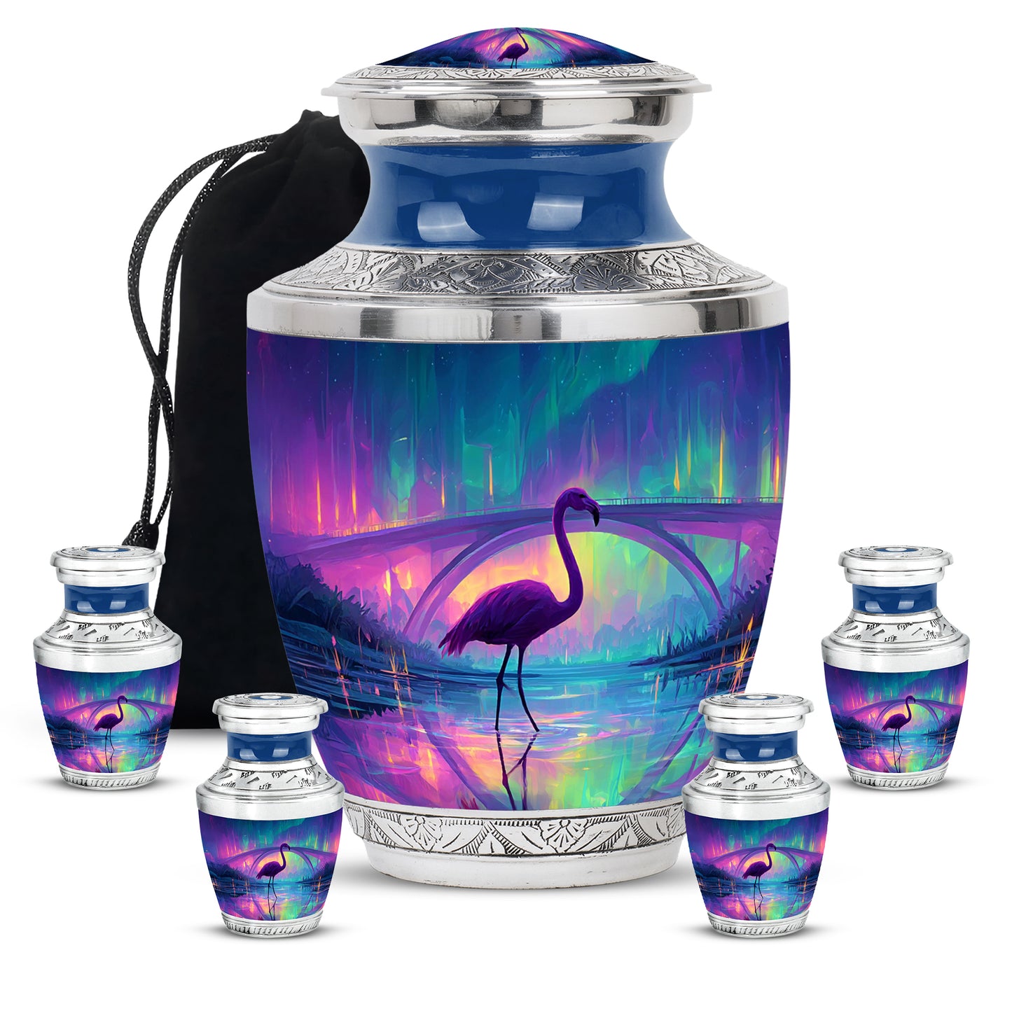 Calming Blue Flamingo Cremation Urn lifestyle display on memorial shelf - stylized abstract flamingo pattern with bold lines - memorial set with one large and four small urns
