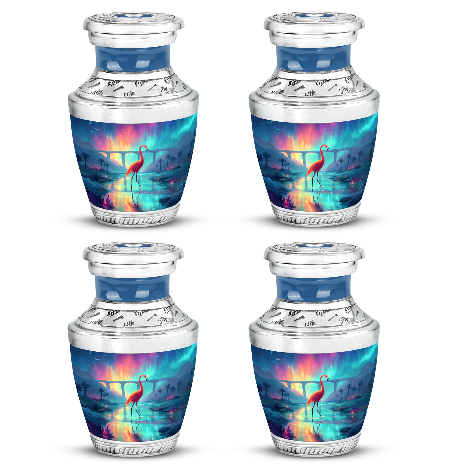 Calming Blue Flamingo Cremation Urn back view with polished surface - artistic flamingo interpretation with creative detail - 10 inch aluminum urn for cremated remains