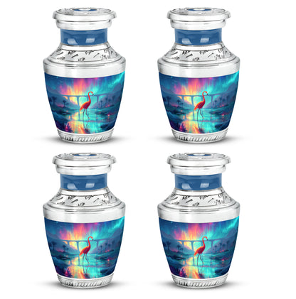 Calming Blue Flamingo Cremation Urn back view with polished surface - artistic flamingo interpretation with creative detail - 10 inch aluminum urn for cremated remains