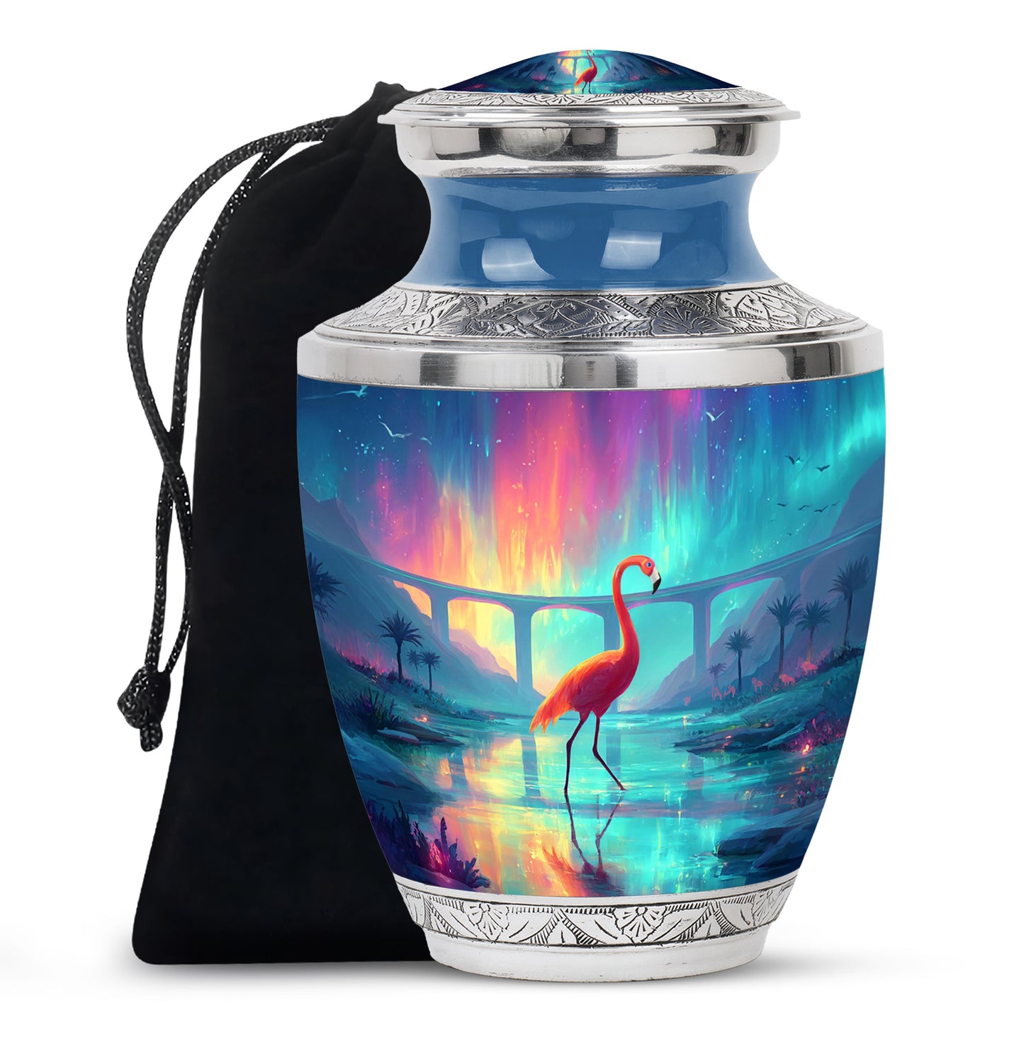 Azure Flamingo Cremation Urn side profile showing urn shape - contemporary flamingo design with modern artistic flair - full-size 10 inch 200 cubic inch adult cremation urn