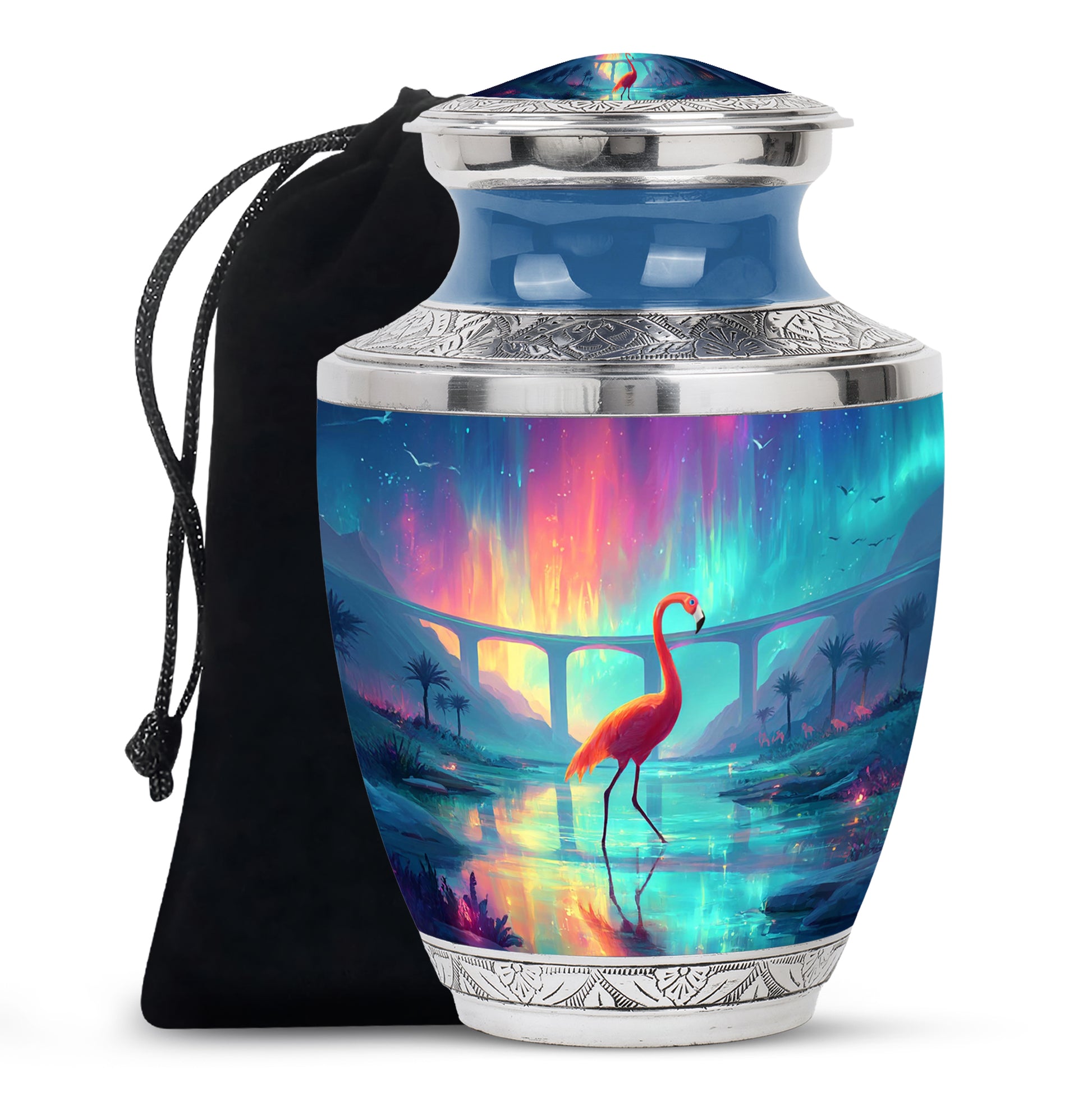 Azure Flamingo Cremation Urn side profile showing urn shape - contemporary flamingo design with modern artistic flair - full-size 10 inch 200 cubic inch adult cremation urn