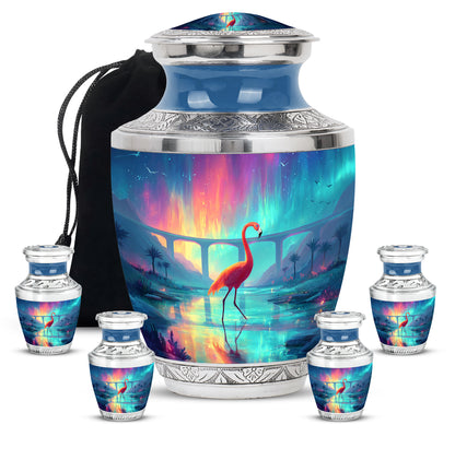 Misty Blue Flamingo Cremation Urn lifestyle display on memorial shelf - modern art-inspired flamingo motif on sleek aluminum - memorial set with one large and four small urns