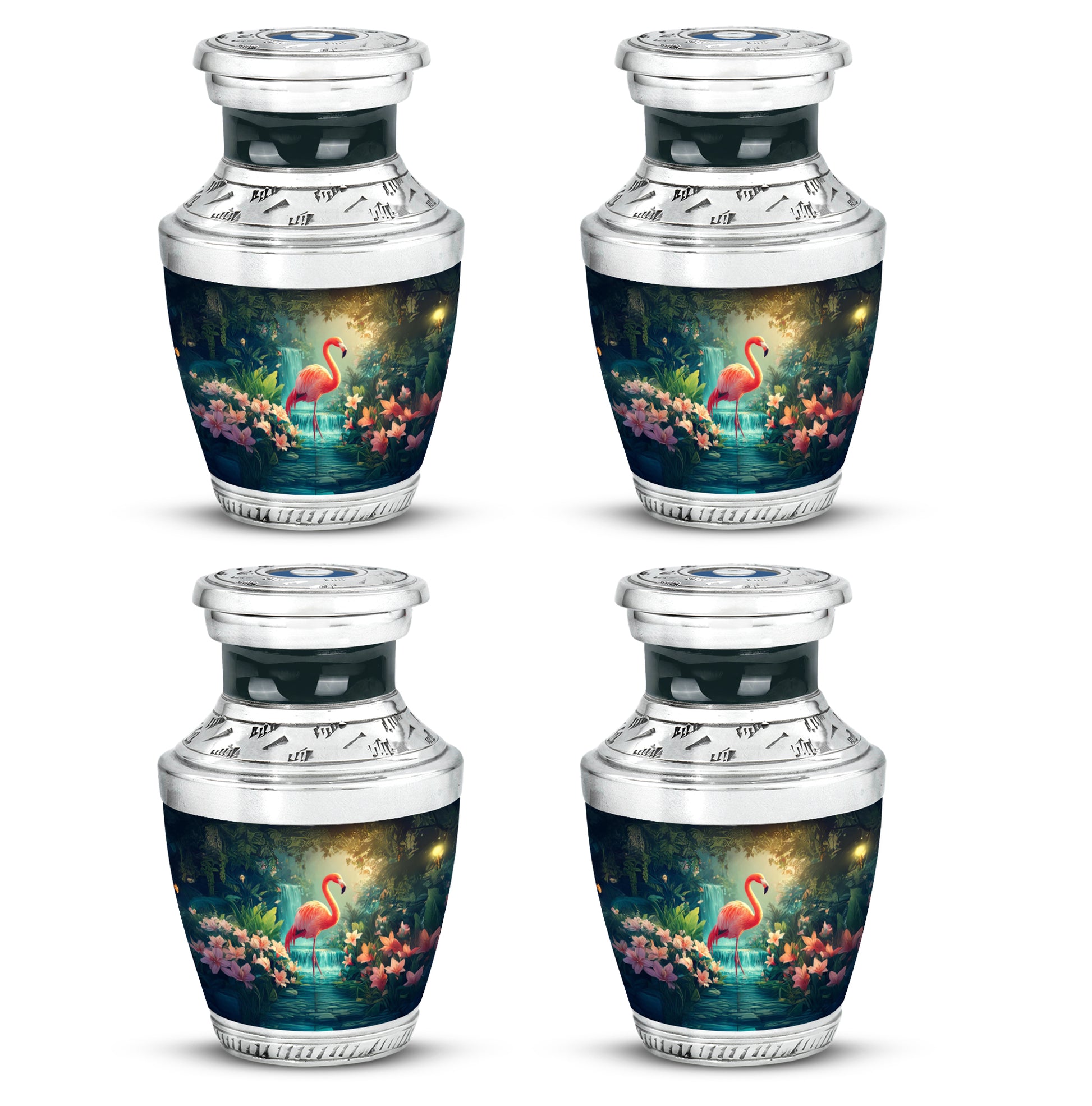 Pastel Blue Flamingo Cremation Urn back view with polished surface - modern art-inspired flamingo motif on sleek aluminum - 10 inch aluminum urn for cremated remains