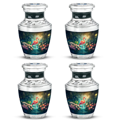 Pastel Blue Flamingo Cremation Urn back view with polished surface - modern art-inspired flamingo motif on sleek aluminum - 10 inch aluminum urn for cremated remains