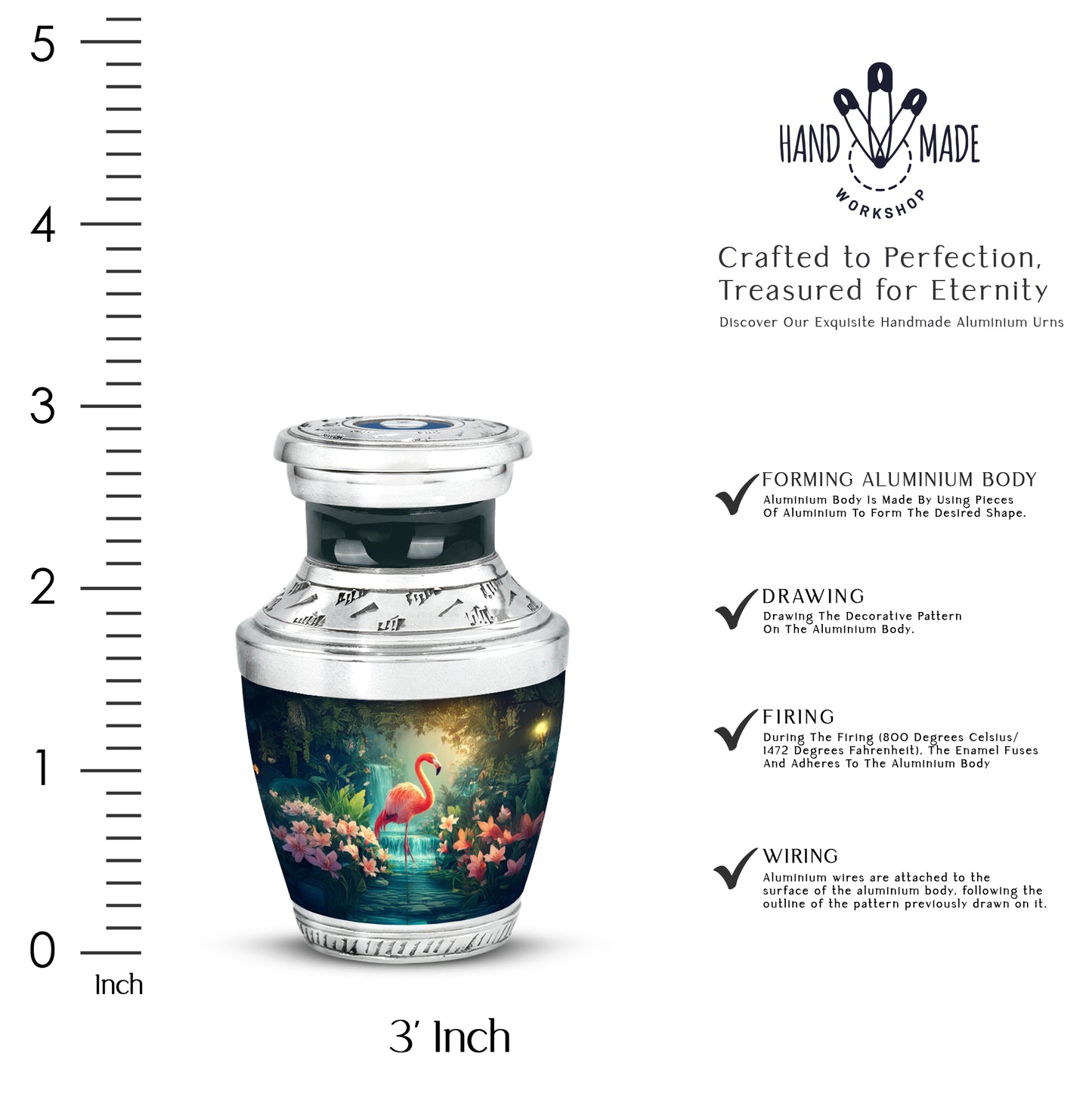 Bright Blue Flamingo Cremation Urn top-down view of secure threaded lid - stylized abstract flamingo pattern with bold lines - mini keepsake memorial for portion of cremation ashes