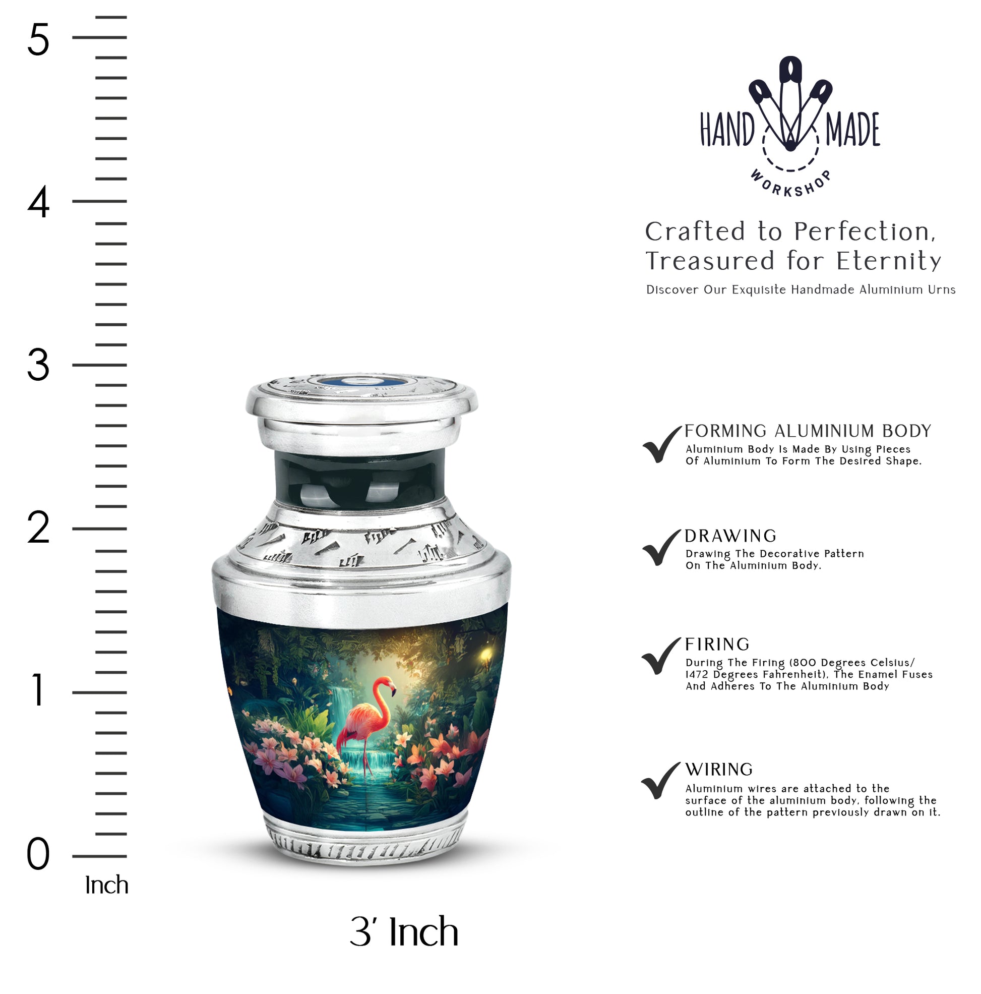 Bright Blue Flamingo Cremation Urn top-down view of secure threaded lid - stylized abstract flamingo pattern with bold lines - mini keepsake memorial for portion of cremation ashes