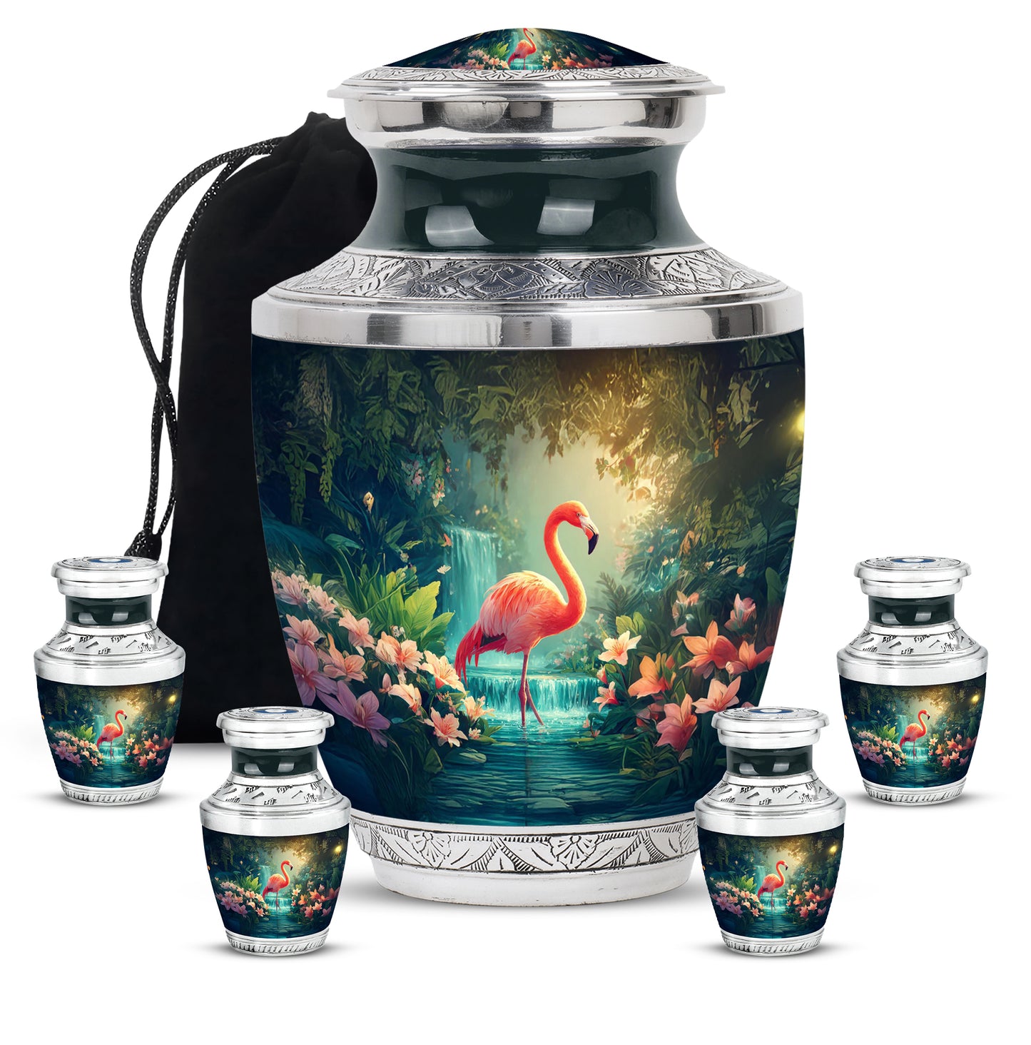 Azure Flamingo Cremation Urn lifestyle display on memorial shelf - contemporary flamingo design with modern artistic flair - memorial set with one large and four small urns