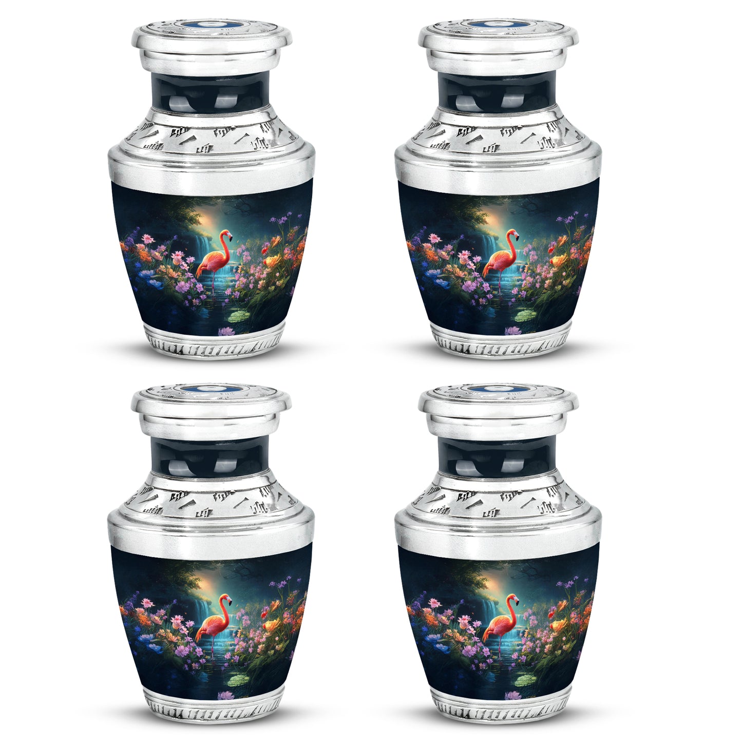 Steel Blue Flamingo Cremation Urn back view with polished surface - artistic flamingo interpretation with creative detail - 10 inch aluminum urn for cremated remains