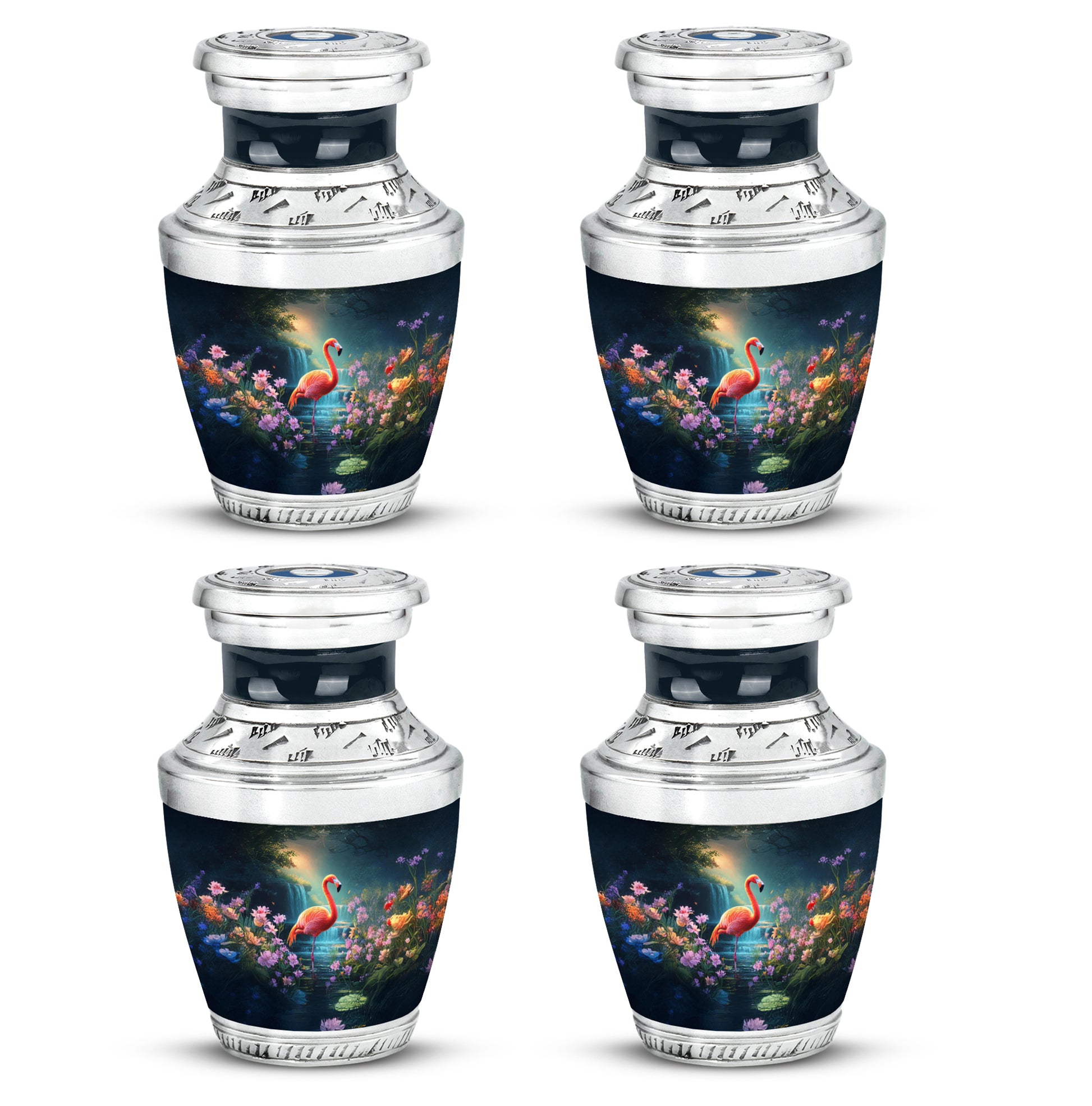 Steel Blue Flamingo Cremation Urn back view with polished surface - artistic flamingo interpretation with creative detail - 10 inch aluminum urn for cremated remains