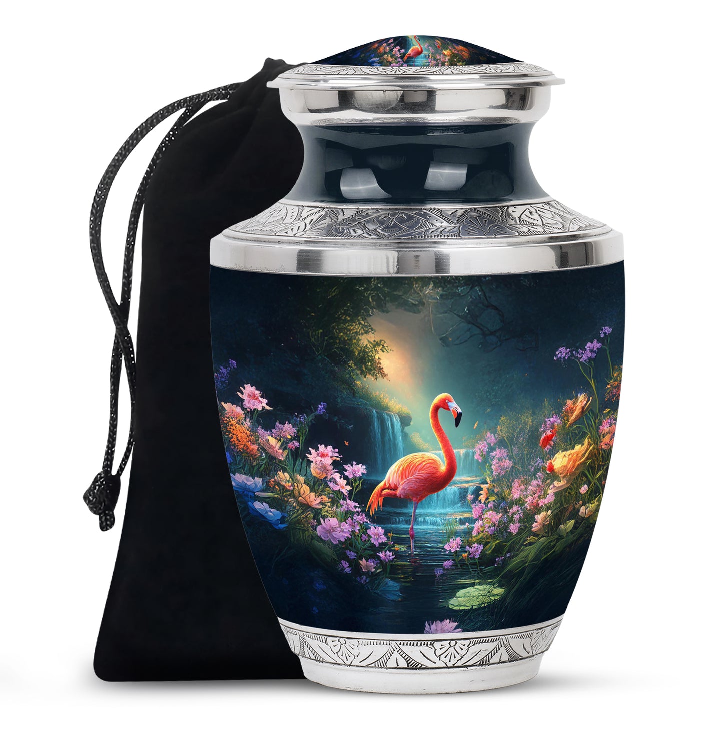 Serene Blue Flamingo Cremation Urn side profile showing urn shape - stylized abstract flamingo pattern with bold lines - full-size 10 inch 200 cubic inch adult cremation urn