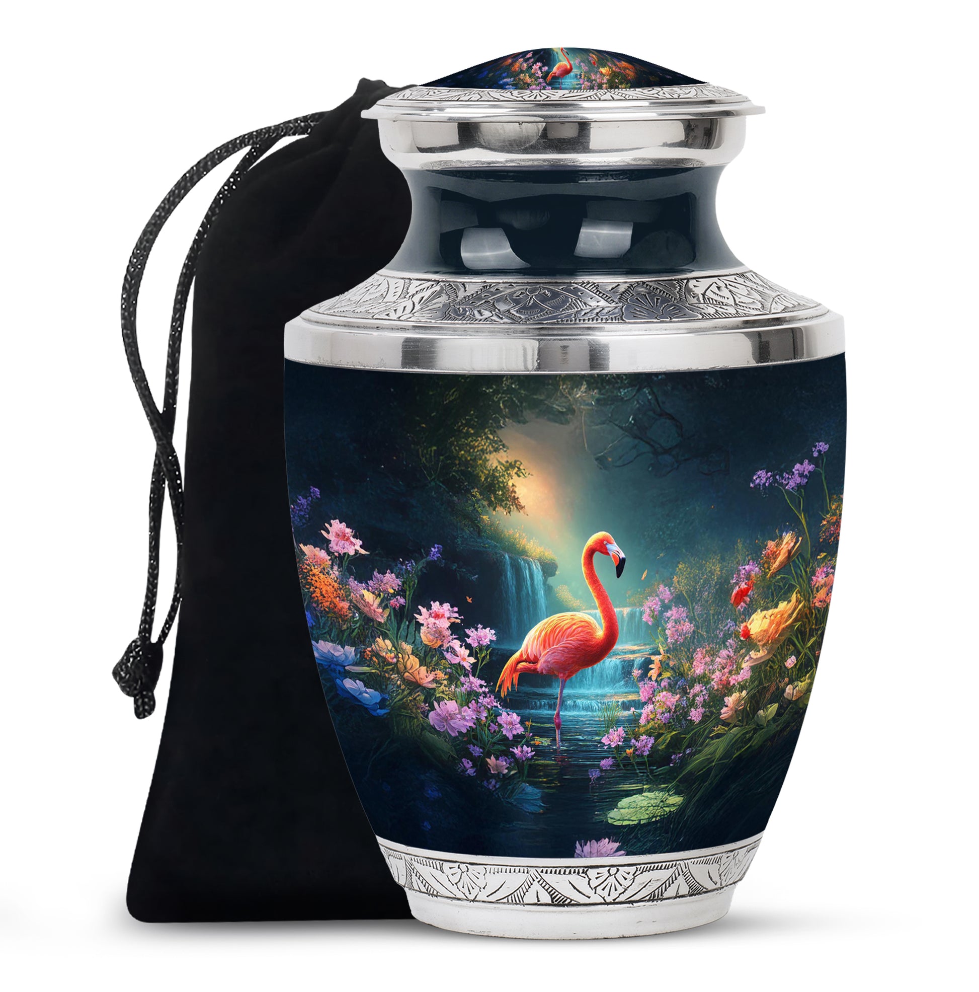 Serene Blue Flamingo Cremation Urn side profile showing urn shape - stylized abstract flamingo pattern with bold lines - full-size 10 inch 200 cubic inch adult cremation urn