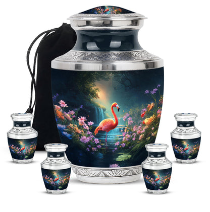 Indigo Flamingo Cremation Urn lifestyle display on memorial shelf - contemporary flamingo design with modern artistic flair - memorial set with one large and four small urns