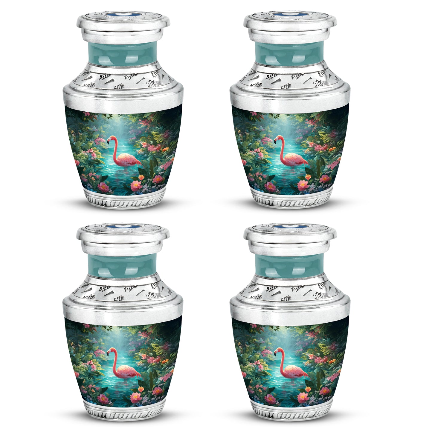 Vivid Teal Flamingo Cremation Urn back view with polished surface - stylized abstract flamingo pattern with bold lines - 10 inch aluminum urn for cremated remains