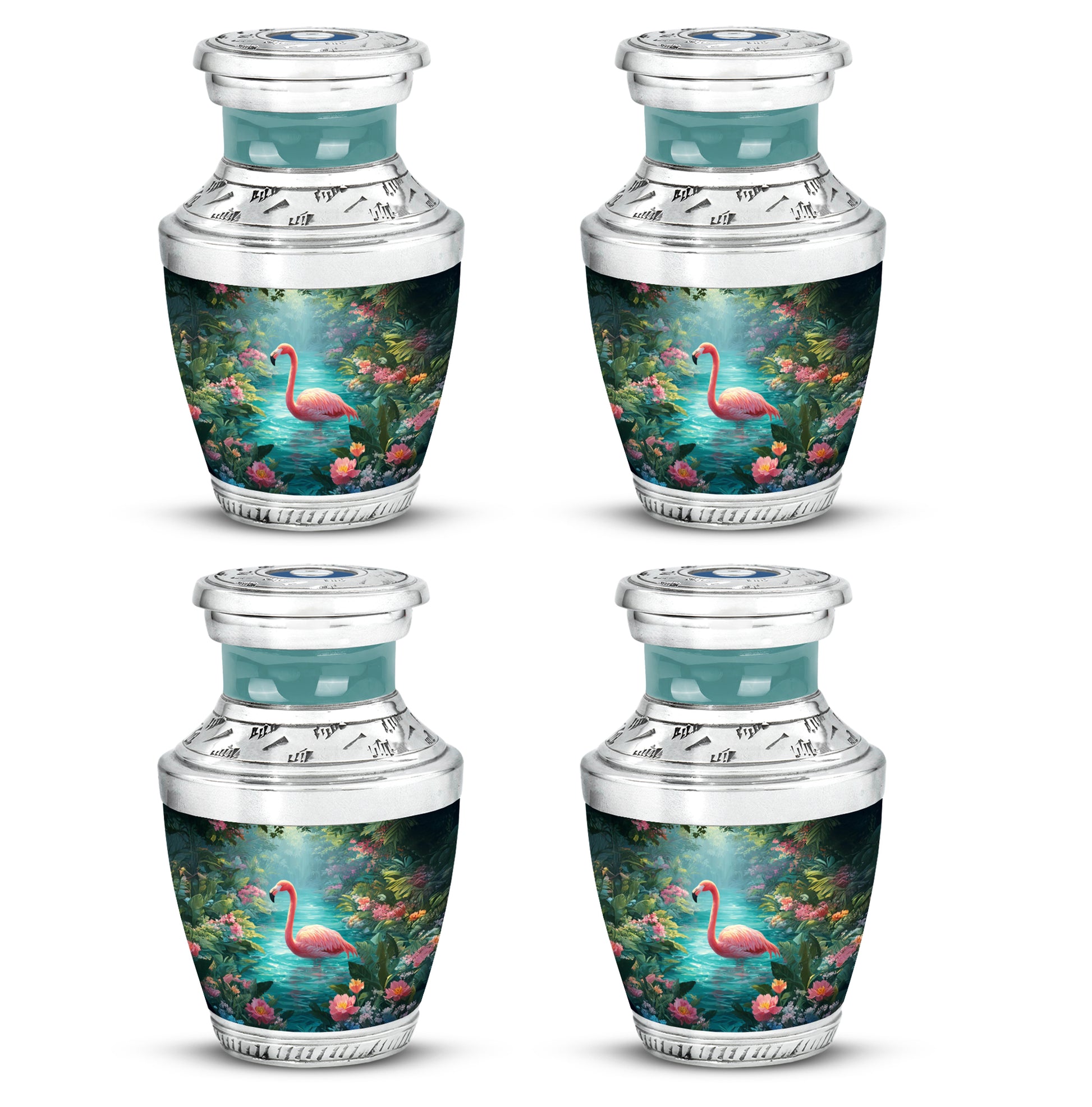 Vivid Teal Flamingo Cremation Urn back view with polished surface - stylized abstract flamingo pattern with bold lines - 10 inch aluminum urn for cremated remains