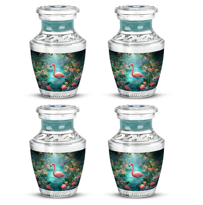 Vivid Teal Flamingo Cremation Urn back view with polished surface - stylized abstract flamingo pattern with bold lines - 10 inch aluminum urn for cremated remains