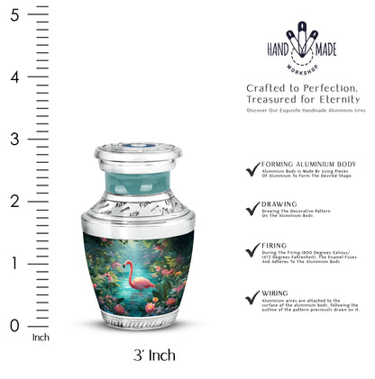 Cool Teal Flamingo Cremation Urn top-down view of secure threaded lid - contemporary flamingo design with modern artistic flair - mini keepsake memorial for portion of cremation ashes