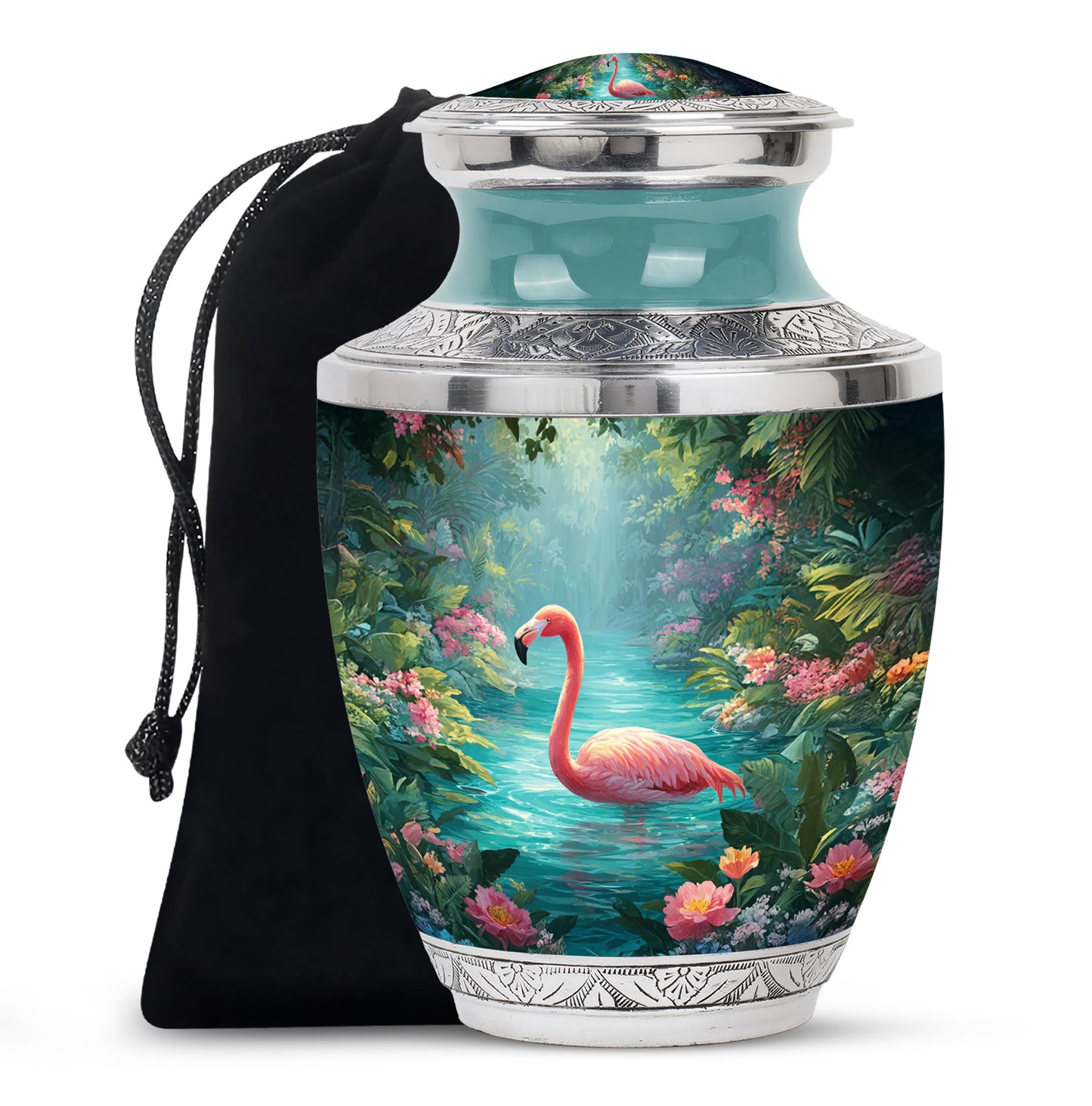 Ocean Teal Flamingo Cremation Urn side profile showing urn shape - modern art-inspired flamingo motif on sleek aluminum - full-size 10 inch 200 cubic inch adult cremation urn