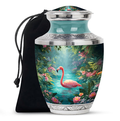 Ocean Teal Flamingo Cremation Urn side profile showing urn shape - modern art-inspired flamingo motif on sleek aluminum - full-size 10 inch 200 cubic inch adult cremation urn