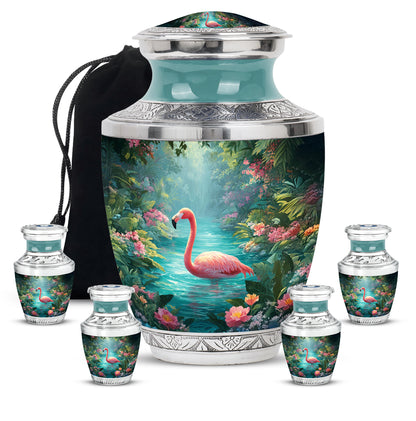 Deep Teal Flamingo Cremation Urn lifestyle display on memorial shelf - stylized abstract flamingo pattern with bold lines - memorial set with one large and four small urns