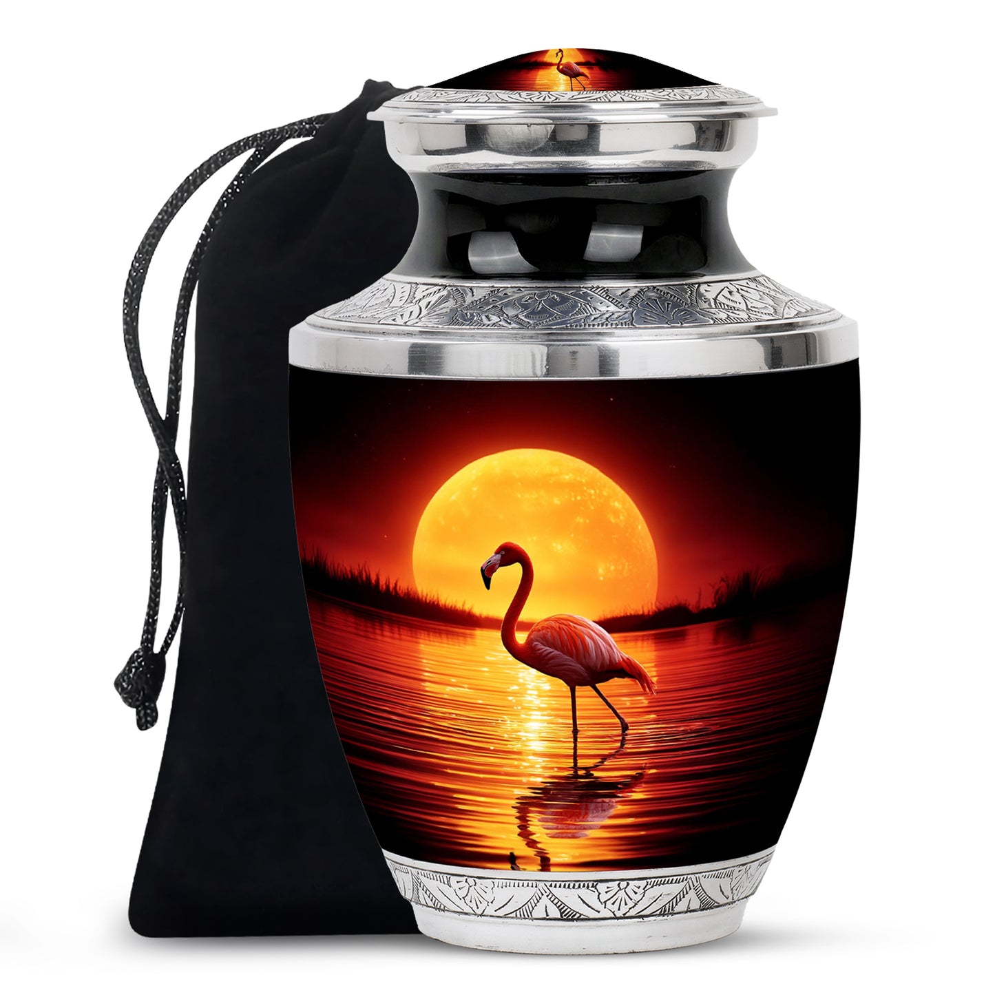 Onyx Black Flamingo Cremation Urn side profile showing urn shape - stylized abstract flamingo pattern with bold lines - full-size 10 inch 200 cubic inch adult cremation urn