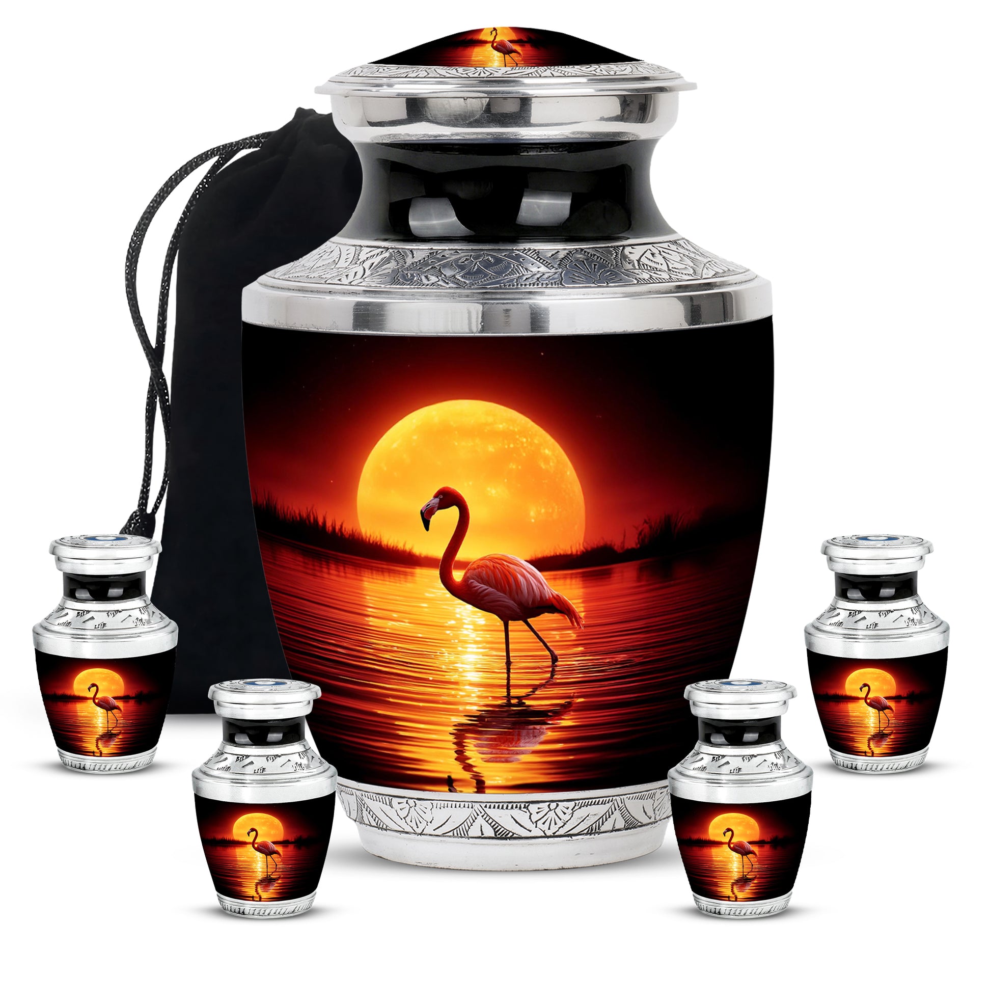 Rich Black Flamingo Cremation Urn lifestyle display on memorial shelf - contemporary flamingo design with modern artistic flair - memorial set with one large and four small urns