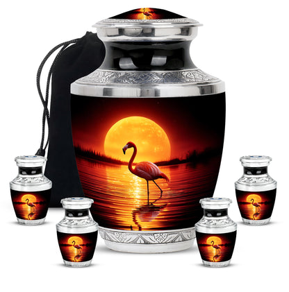 Rich Black Flamingo Cremation Urn lifestyle display on memorial shelf - contemporary flamingo design with modern artistic flair - memorial set with one large and four small urns