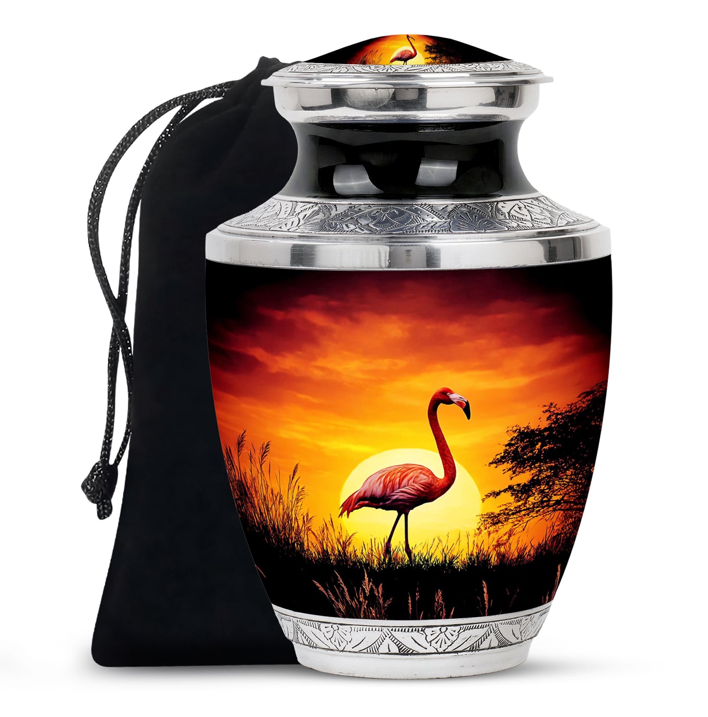 Rich Black Flamingo Cremation Urn side profile showing urn shape - contemporary flamingo design with modern artistic flair - full-size 10 inch 200 cubic inch adult cremation urn