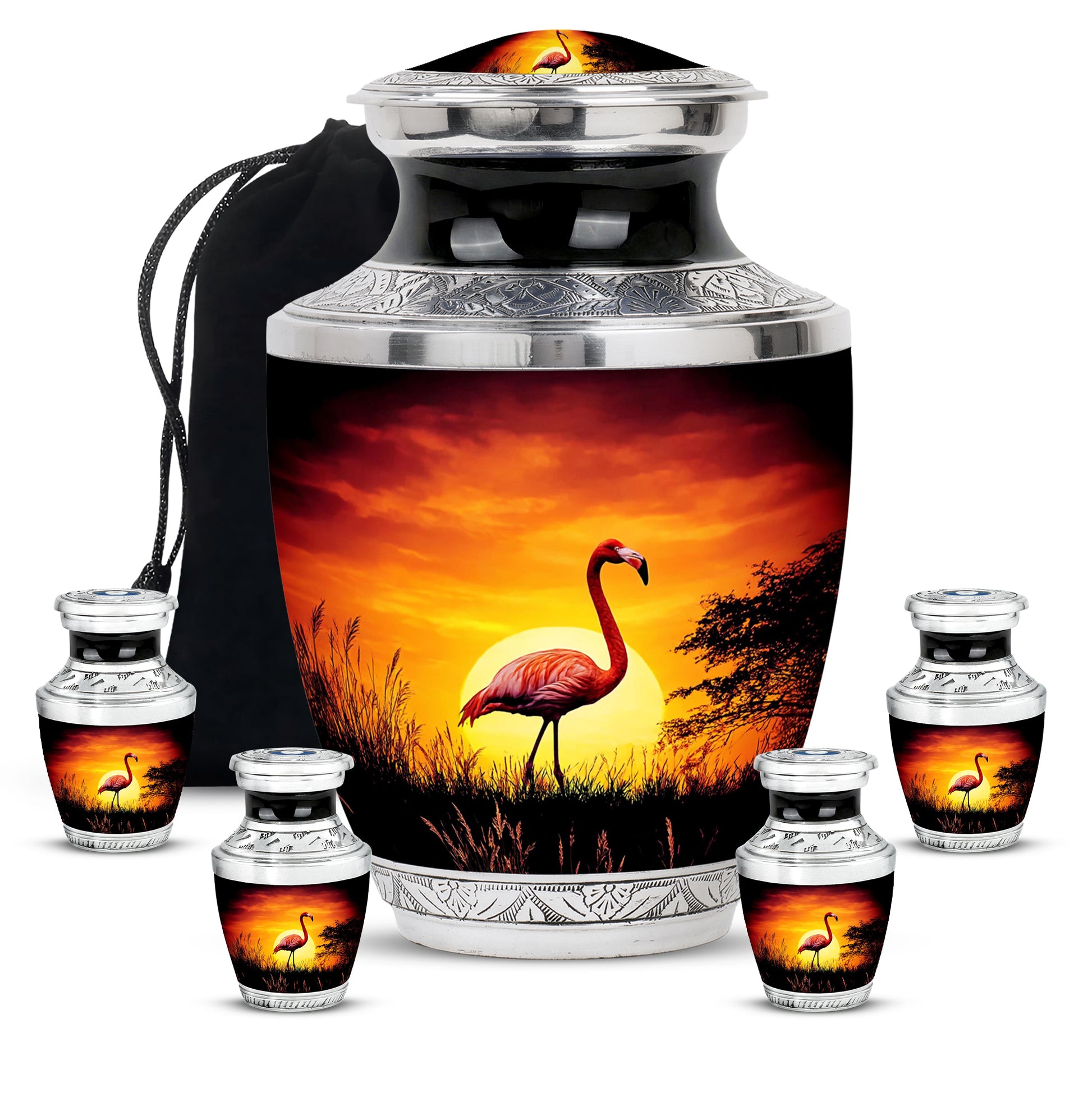 Deep Black Flamingo Cremation Urn lifestyle display on memorial shelf - modern art-inspired flamingo motif on sleek aluminum - memorial set with one large and four small urns