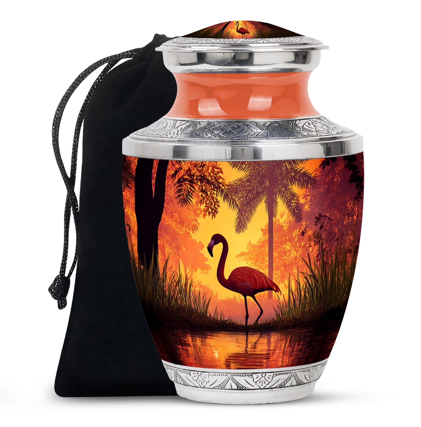 Deep Red Flamingo Cremation Urn side profile showing urn shape - contemporary flamingo design with modern artistic flair - full-size 10 inch 200 cubic inch adult cremation urn