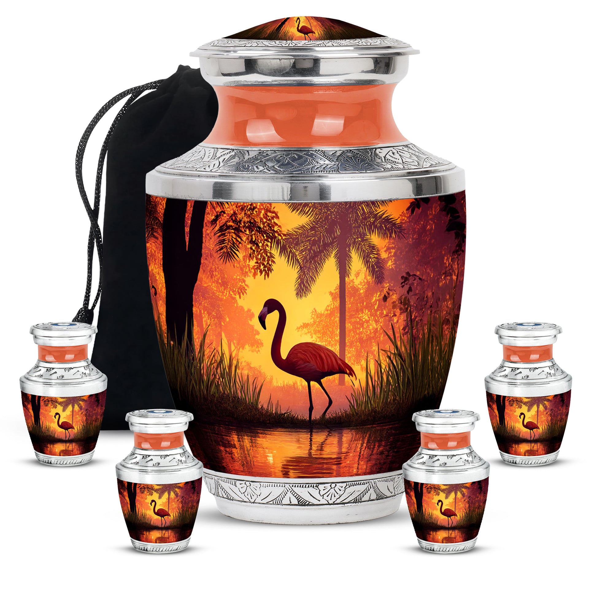 Rich Red Flamingo Cremation Urn lifestyle display on memorial shelf - artistic flamingo interpretation with creative detail - memorial set with one large and four small urns