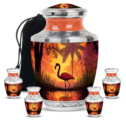 Rich Red Flamingo Cremation Urn lifestyle display on memorial shelf - artistic flamingo interpretation with creative detail - memorial set with one large and four small urns