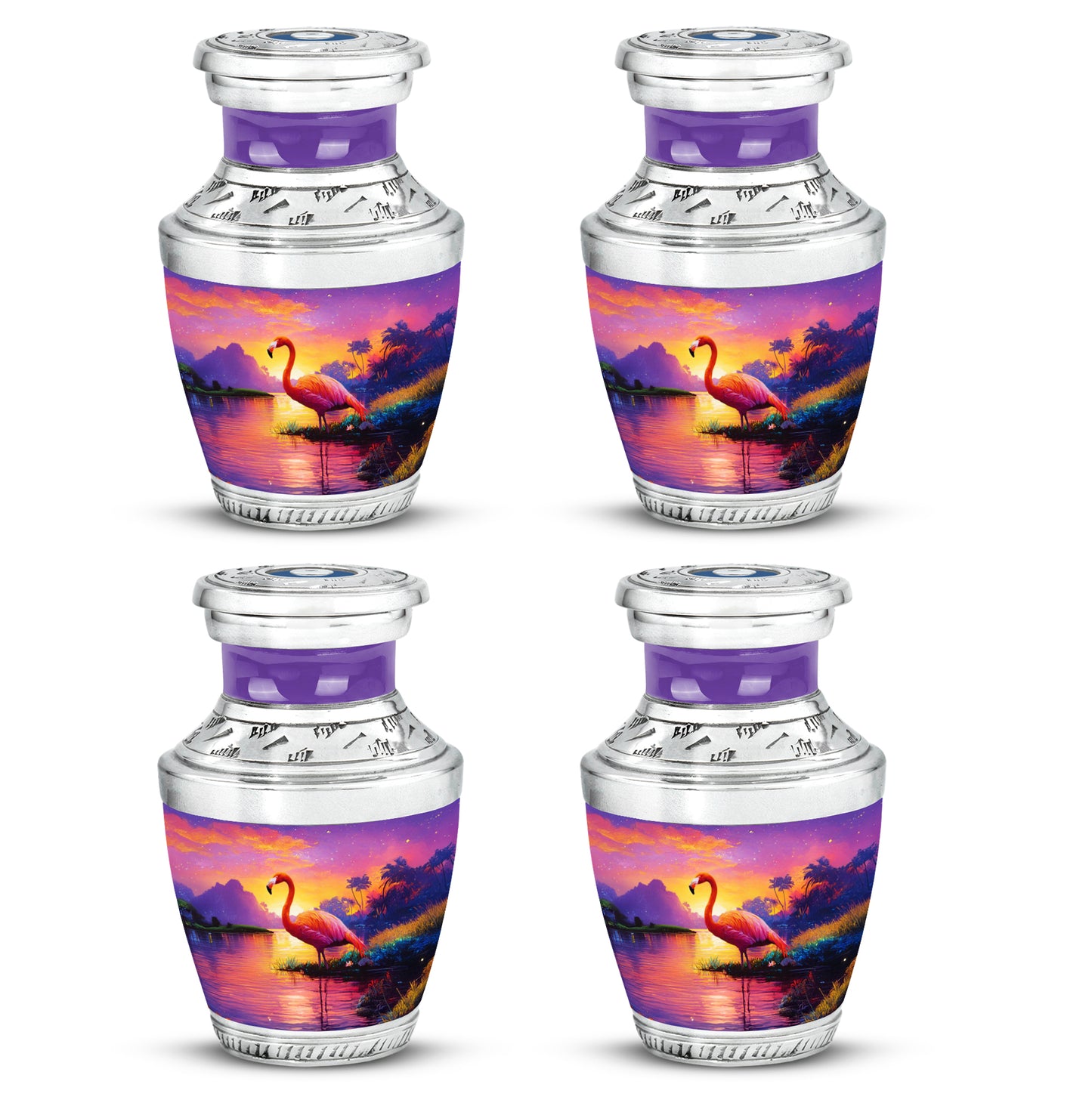 Peony Pink Flamingo Cremation Urn back view with polished surface - modern art-inspired flamingo motif on sleek aluminum - 10 inch aluminum urn for cremated remains