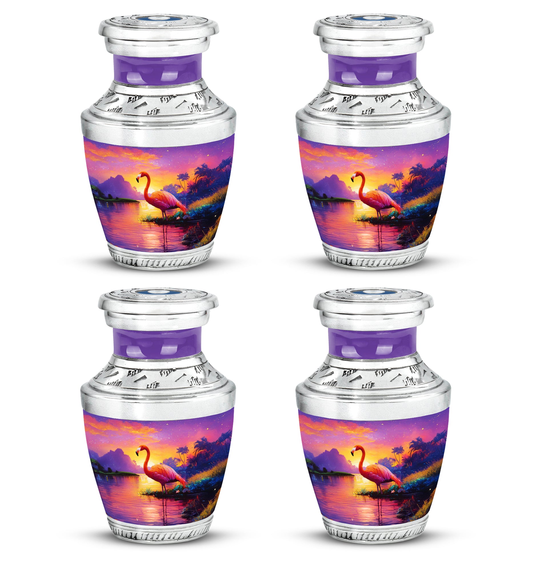 Peony Pink Flamingo Cremation Urn back view with polished surface - modern art-inspired flamingo motif on sleek aluminum - 10 inch aluminum urn for cremated remains
